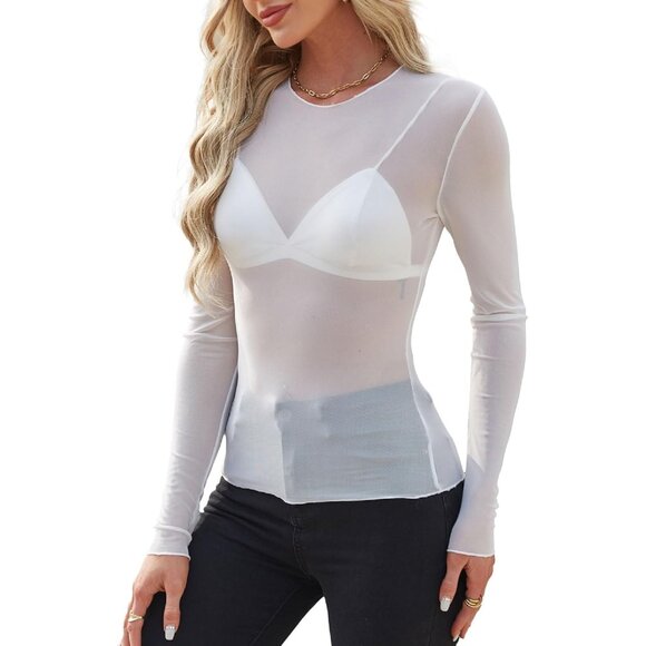 🆕 Women White Mesh Sheer Long Sleeve Tops Lace Sexy Mock Neck Shirts Layering - Picture 3 of 4